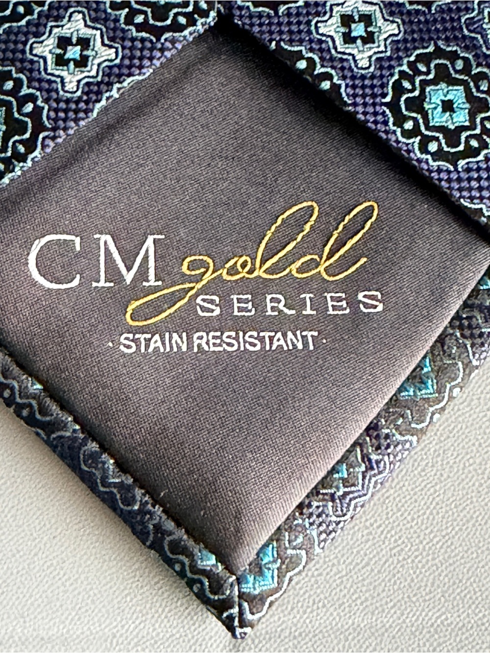 CM Gold Series Long 64" Navy and Teal Geometric Pocket Square